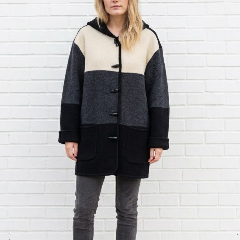 Vintage Wool Hooded Midi Jacket Coat Black Gray Cream Size Medium Winter 1990s